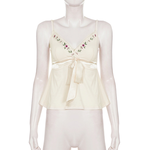 Camisola con bordado floral estilo campestre francés, de satén, con lazo, estilo A, a la moda, retro, sexy, informal, tipo halter para mujer - Product Image 6