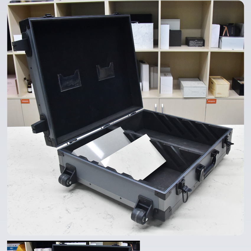 Hot Selling Factory Showroom Aluminium Packaging Marble Trolley Box Wheel Tiles Quartz Case Stone Display Tile Sample Suitcase