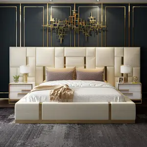 High-end Plus Headboard Golden Decorate Metal King Size Most Modern Top Grain Leather Bed