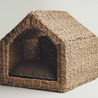Set van 2 zeegras huisdierenverblijven, rieten honden- en kattenbed, binnenverblijf voor kleine dieren, natuurlijk geweven huisdierenmeubilair met kussen