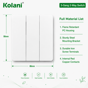 Interrupteur mural Kolani UK Standard 3G2W 90x86mm blanc mat 3 gangs 2 voies, 10AX 250V, triple bouton - Product Image 2