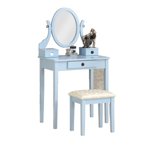 Modern Oak Wood Moniya Makeup <b>Vanity</b> <b>Table</b> and Stool Set with Storage Adjustable Lighted Mirror Blue - Product Image 2