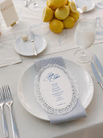 Carte de menu ovale professionnelle en dentelle de coton à bord festonné pour réception de mariage, banquet d'hôtel, traiteur, organisateur d'événements, vente en gros