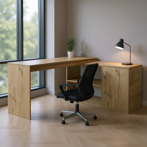 Scrivania a L in Rovere Chiaro Desti, Design Moderno per Ufficio, Autoportante con Spazio di Archiviazione - Product Image 2