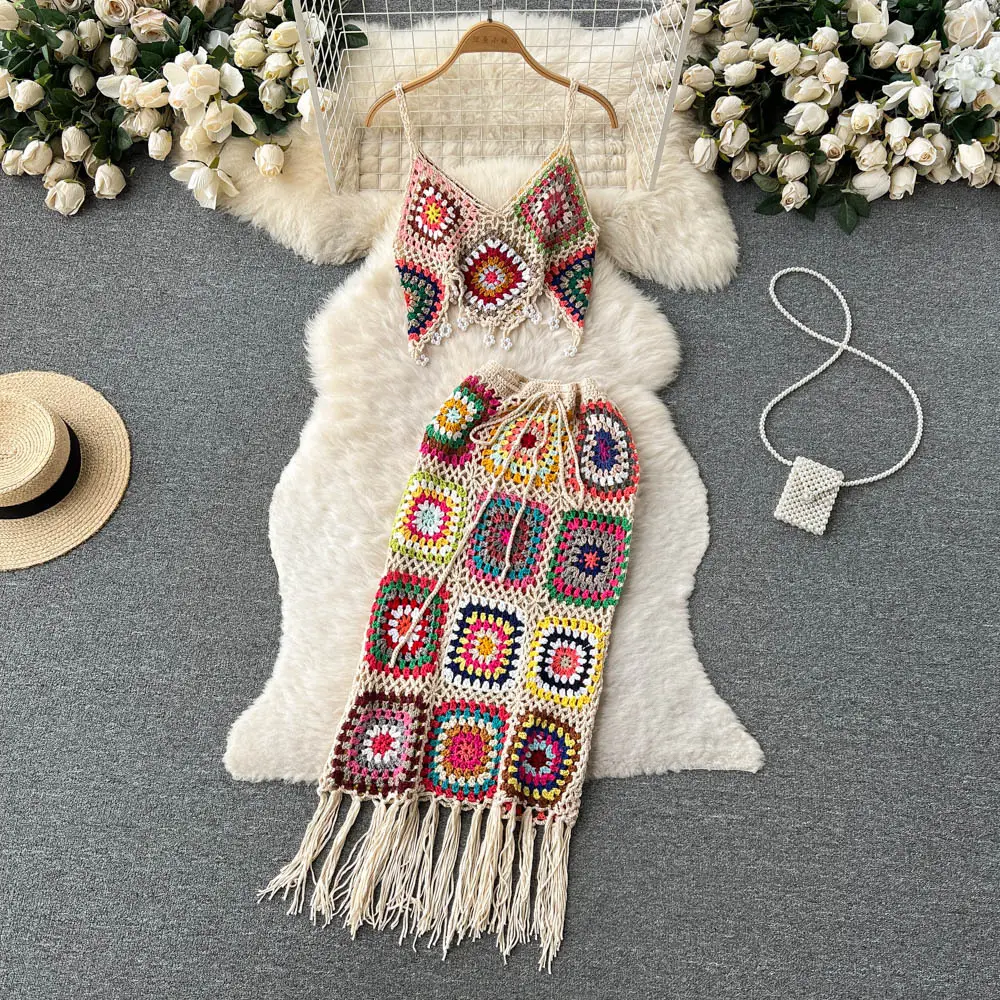 Damen Sets Sommer Farb blockierung Quaste Tops Bohemian Knitting Zweiteiler Set Kleidung Großhandel