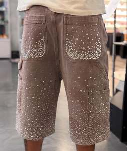 Pantalones cortos <span class=keywords><strong>de</strong></span> mezclilla lavados raglán desgastados con diseño <span class=keywords><strong>de</strong></span> detalle <span class=keywords><strong>de</strong></span> cristal <span class=keywords><strong>de</strong></span> moda transpirable Vintage para <span class=keywords><strong>hombre</strong></span> - Product Image 5
