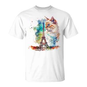 T-shirt unisexe pour adulte, col rond, manches courtes, impression numérique, motif tour Eiffel et chat en aquarelle, impression artistique de Paris - Product Image 1