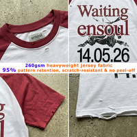 T-shirt Homme Personnalisé OEM ODM 100% Coton à Manches Raglan, Imprimé Vintage Effet Vieilli, Coupe Ample Oversize, Ourlet Effiloché, Style Streetwear