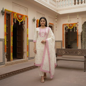 <b>Women</b> Traditional Cotton <b>Kurta</b> Pant Dupatta Set Cream Pink Embroidery Regular Fit Ankle Length Casual Wear India Pakistan Style - Product Image 1