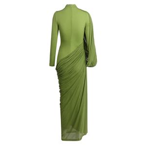 Abito lungo verde a collo alto con arricciature e maniche lunghe, elegante abito da sera formale, per cocktail, ballo di fine anno, o invitata a matrimoni - Product Image 3