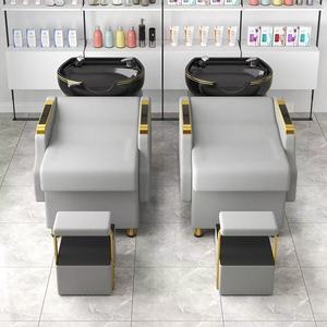 Sillón de Lavado de Cabello Reclinable Moderno Negro y Dorado con Lavabo de Cerámica para Salón de Belleza Profesional - Product Image 4
