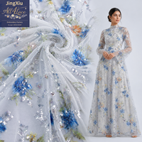 Tissu en dentelle de maille brodée de sequins floraux multicolores blancs de luxe, 100% polyester, pour robe de mariée, robe de soirée, décoration