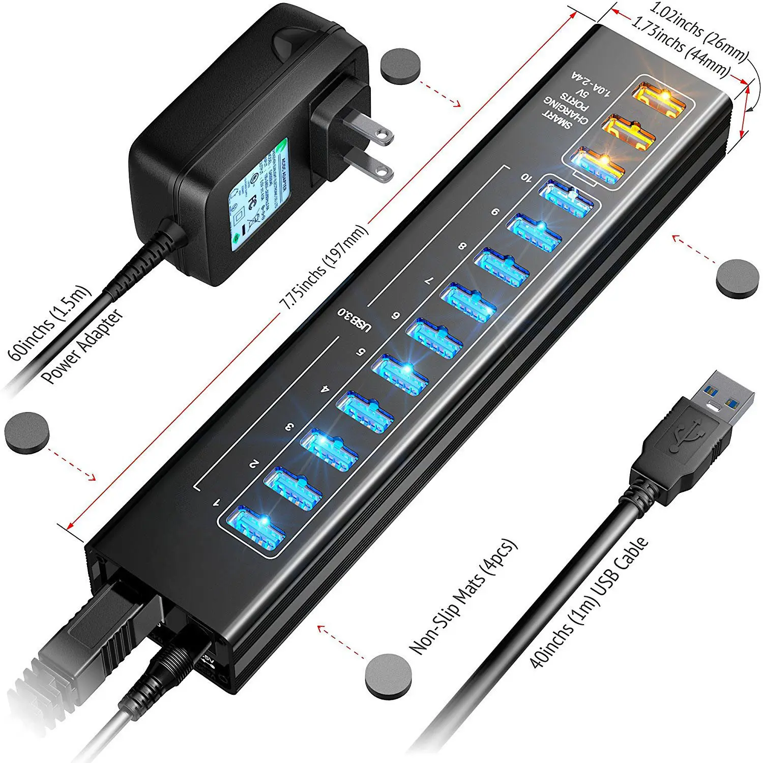 13-Port USB 3.0 Hub with 10 USB 3.0 Ports and 3 Smart Charging Ports with 5V 4A Power Adapter