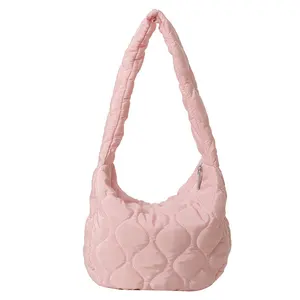 High Quality Retro Fashionable Quilted Nylon Shoulder Bag Custom Pattern Underarm Messenger Bag Casual Bucket Handbag