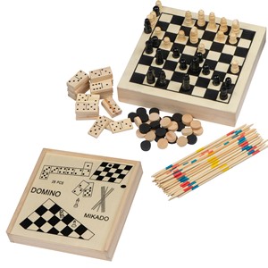Juego de Madera Económico con Ajedrez, Mikado, Damas y Dominó - Regalo Promocional Novedoso para Noches de Juego en Casa y de Viaje - Product Image 1