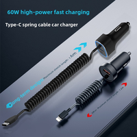 Chargeur de voiture USB C 3 en 1 60W, adaptateur de charge rapide avec câble Type C enroulé de 1,6 m, PD30W QC18W pour véhicules 12V 24V