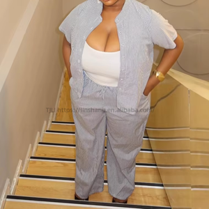 African Casual Women's Wear Striped Cardigan Short-Sleeve Shirt Long <b>Pants</b> 2-Piece Set Fashion - Product Image 2