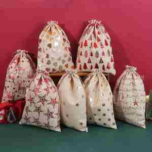 Wholesale Christmas Design Drawstring Gift <b>Bags</b> Reusable Burlap Hemp Jute Linen in Stock - Product Image 1