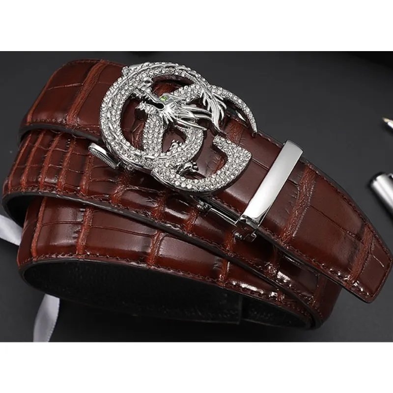 Custom Crocodile belly pattern on the first layer with double G full diamond automatic buckle leather belt for men