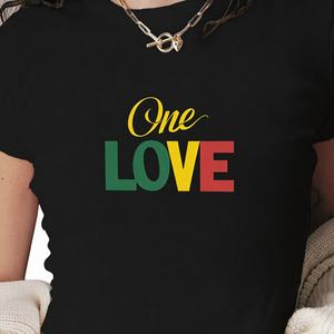 Camiseta Corta de Moda para Mujer, Estilo Y2K, con Estampado de Tipografía Reggae, Ajustada, Tejida, One Love - Product Image 1