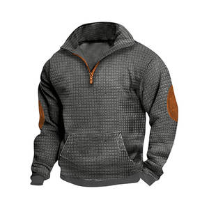 Sudadera Casual de Hombre para Otoño/Invierno con Cremallera Frontal, Parche de Ante, Tejido Waffle Negro, Antipilling, con Capucha, para Ocio - Product Image 3