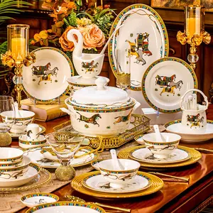 Luxury European Style Bowls Plates Dish Dinnerware Set Wholesale Jingdezhen Goldrim Ceramics Bone Porcelain Tableware
