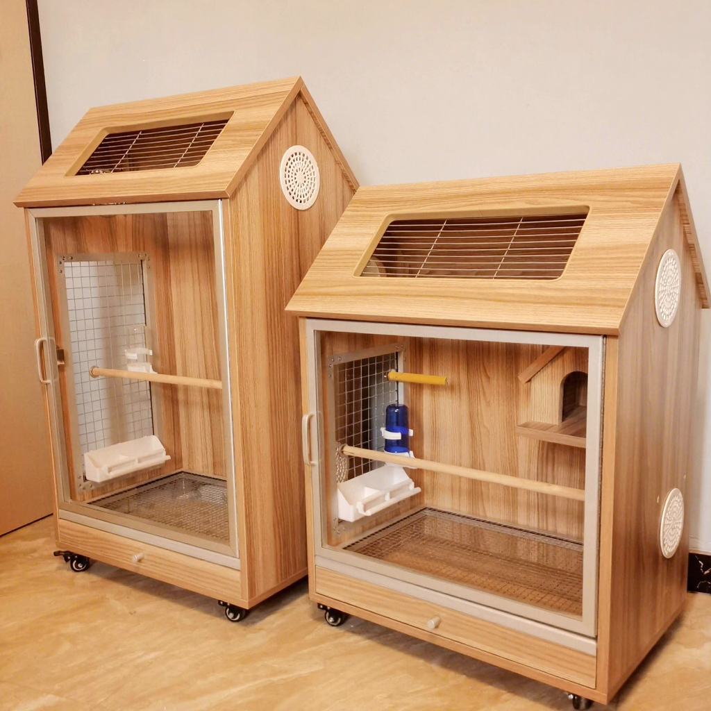 Luxury Wooden Bird Cage with Wheels – Modern Classic Parrot Cage with Anti-Escape Design & Transparent Mesh Door - View 2