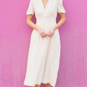 ชุดเดรสผ้าฝ้ายลินินทรงเอ สไตล์ลำลอง คอวี แขนสั้น แต่งระบายเก๋ๆ ความยาวปานกลาง สำหรับผู้หญิง - Product Image 1