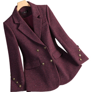 Women's Wool Blazer Purple Double Breasted Sequins Suit Autumn Winter Casual Elegant Fit - Product Image 5