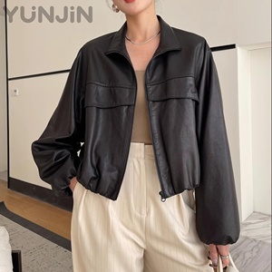 <strong>Petite</strong> <strong>Women</strong> Sheep <strong>Leather</strong> <strong>Jacket</strong> Short Cropped Zip up <strong>Jacket</strong> Lapel Collar Korean Style Spring Autumn - Product Image 1