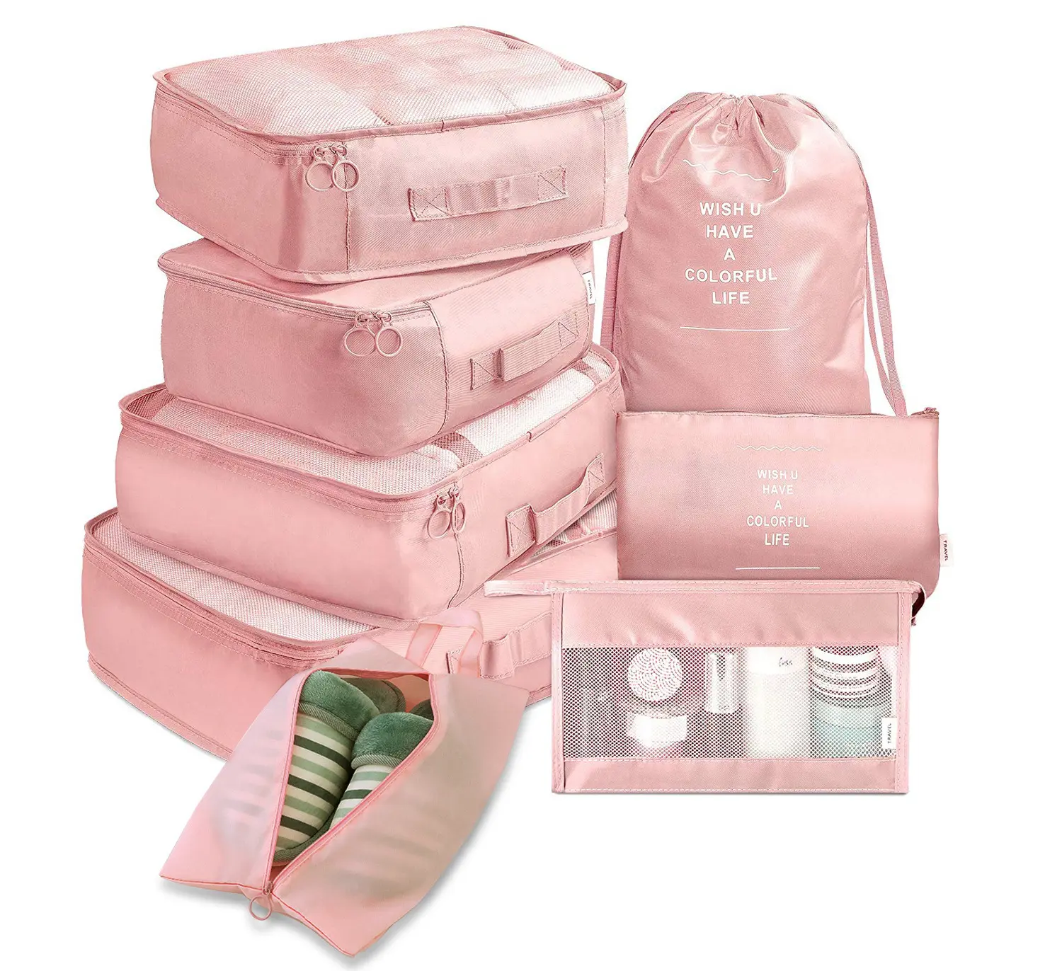 Conjunto de cubos de bagagem rosa para viagem, 8 unidades, organizador de sacos para armazenamento de viagem