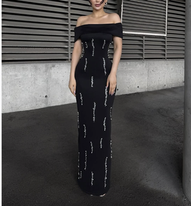 优雅女性黑色绷带马克西晚礼服脱肩婚纱礼服珠饰美人鱼舞会礼服 - Product Image 1
