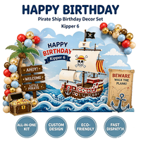 Décor de fond en panneau KT sur le thème des pirates pour anniversaire d'enfants, ensemble de ballons, toile de fond photo pour fête de garçons, nom personnalisé disponible