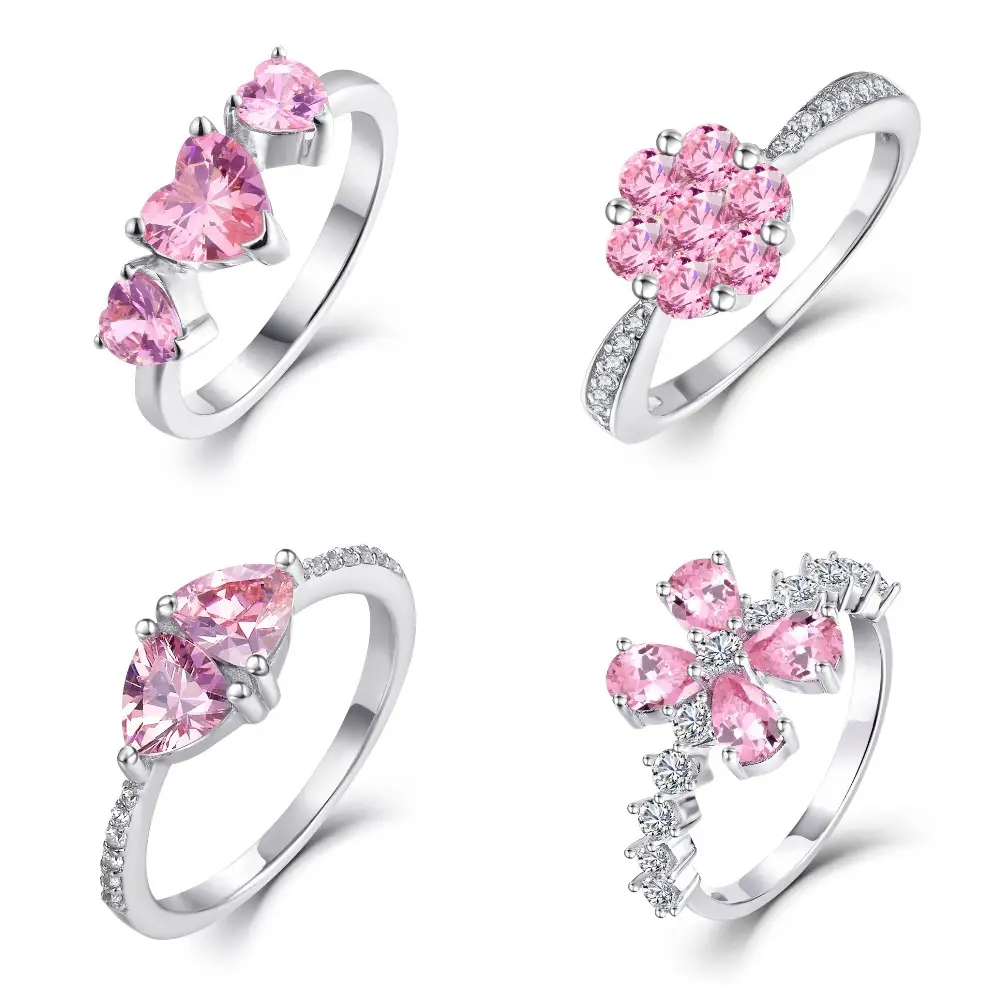 High Quality 5A Pink Zirconium 925 Silver Rhodium Plated Wedding Rings Woman Jewelry