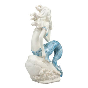 Statues de jardin en polyrésine Figurine de sirène en gros avec queue bleue tenant une coquille de conque - Product Image 2