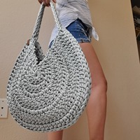 Bolso de Hombro Redondo de Color Sólido, Tejido con Cuerda de Algodón, Bolso Tote de Ganchillo Hecho a Mano, Bolso Grande Informal para Damas, para Salidas Diarias