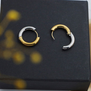 Two-Tone Titanium Steel Hoop <b>Earrings</b> Gold Silver Mixed Color Everyday Wear Geometric Design Stainless Steel Ear <b>Posts</b> - Product Image 2