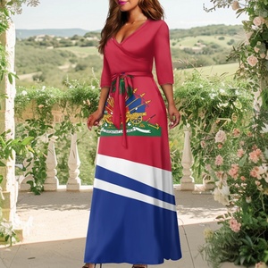 Polynesian Haitian Pattern Elegant V Neck Maxi Dress Customized Logo Half Sleeve Pocket Dress New Arrivals Tie Waist Skirts <strong>Hot</strong> - Product Image 1