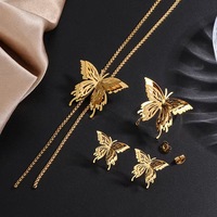 Ensemble de bijoux pour femmes Huibao, collier, boucles d'oreilles et bague en acier inoxydable plaqué or, papillon 3D, collier ajustable, bijoux tendance