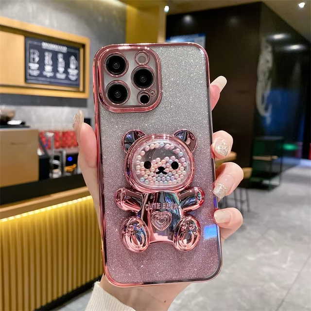 Electroplated Glitter Phone Case for iPhone 15 14 13 12 11 16 17 Pro Max Cute Bear Back Cover With Stand