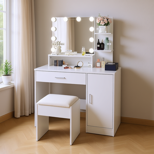 FCH Tocador de Maquillaje Moderno con Espejo LED, 1 Cajón, 1 Armario y Taburete Acolchado para Dormitorio de Mujer - Product Image 2