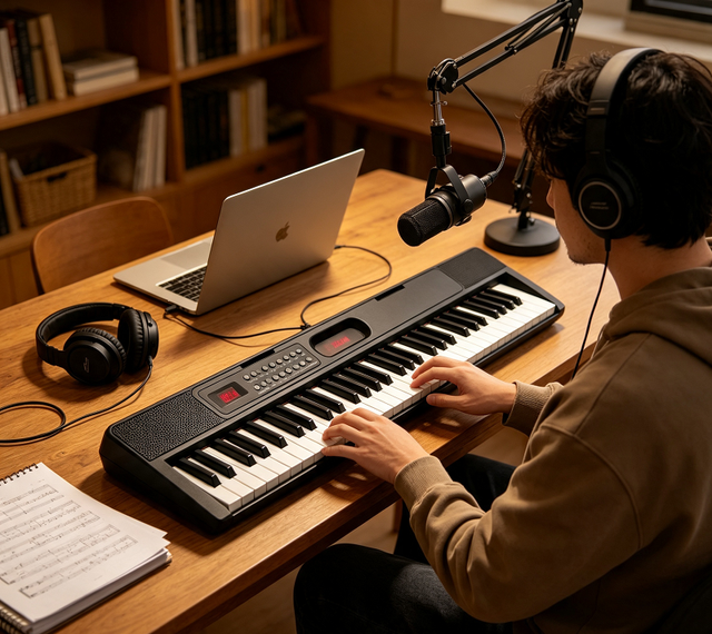 Portable 61-Key Touch Sensitive Digital Piano, Desktop Electronic Keyboard with 127 Rhythms and Dual-Tone Sound