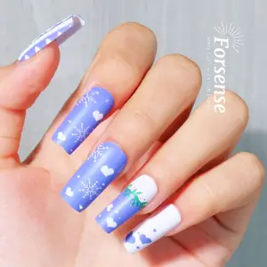 24pcs hand painted christmas press on nails handmade long square wearing false nail new collection acrylic blue fake nail custom