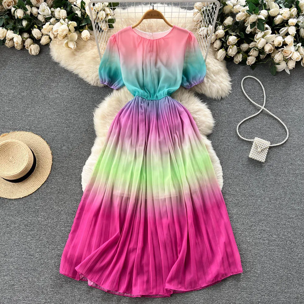 French Gradient Color Bubble Sleeve Summer Women'S Pleated Long Casual Female Dresses