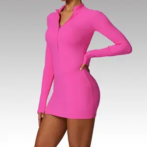 2024 Custom High Quality Ladies Gym Bodysuits Tight Stand Collar Zip Quick-dry Fitness Yoga Long-sleeved Casual Skirt Jumpsuit