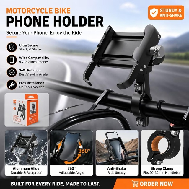 Aluminum Alloy Bike Phone Mount Anti-Shake Motorcycle Phone Holder Handlebar One-Click Auto Lock for MTB Road Bike IPhoneAndroid