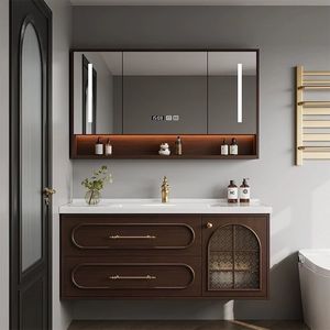 Mueble de baño estilo retro con espejo inteligente, lavabo de cerámica integrado, se puede personalizar - Product Image 4
