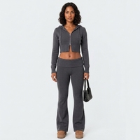 Ensemble Lounge Femme 2 Pièces en Tricot : Sweat à Capuche Court Zippé à Manches Longues avec Cordon de Serrage et Pantalon Évasé