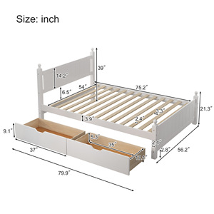 Solid Wood Platform <b>Bed</b> <b>Frame</b> <b>With</b> 2 Drawers <b>Storage</b> For Kids Bedroom <b>White</b> Color - Product Image 3