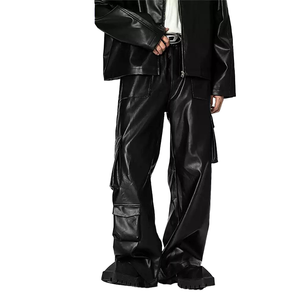 Pantaloni da Moto in <span class=keywords><strong>Pelle</strong></span> Nera Larghi Personalizzati per <span class=keywords><strong>Uomo</strong></span>, Stile High Street con Tasche Multiple, Pantaloni Cargo da <span class=keywords><strong>Uomo</strong></span> - Product Image 1